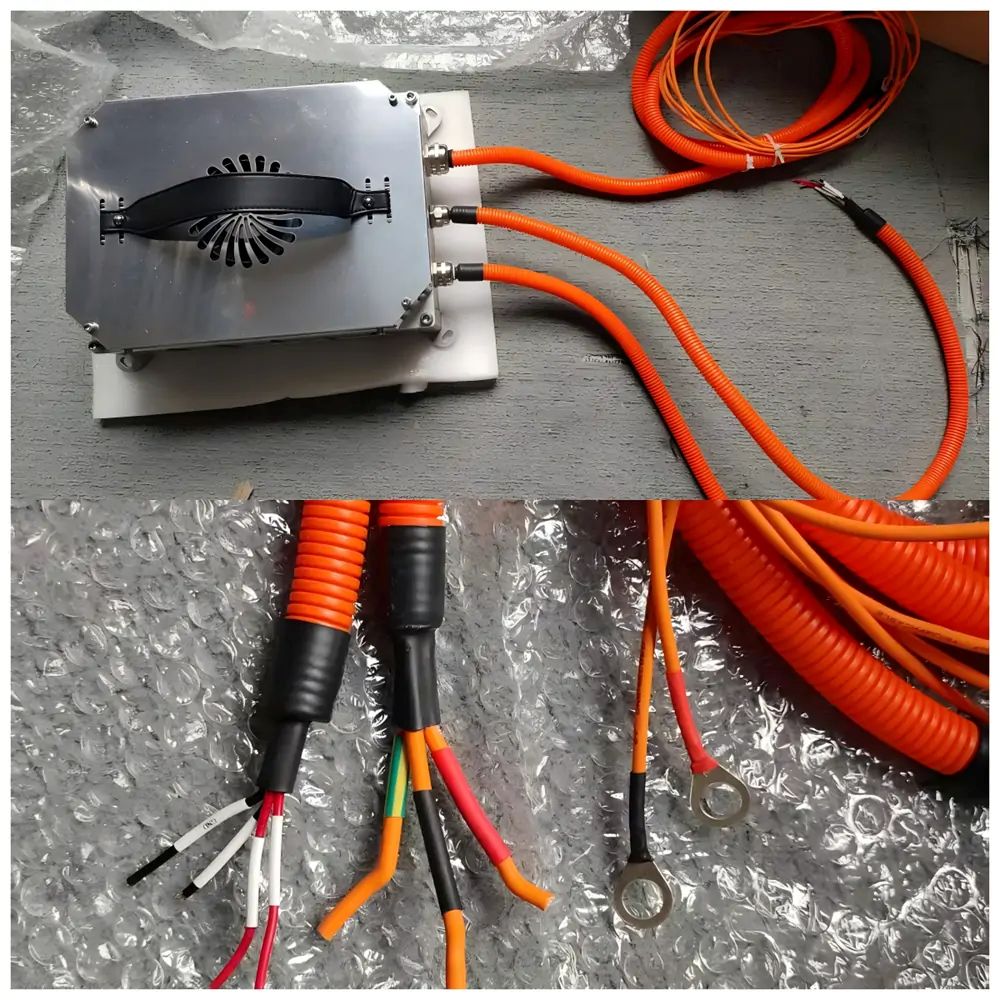 6.6kW 108V on board charger with M10 ring terminals, 3.65m DC output cables, and separate positive and negative leads