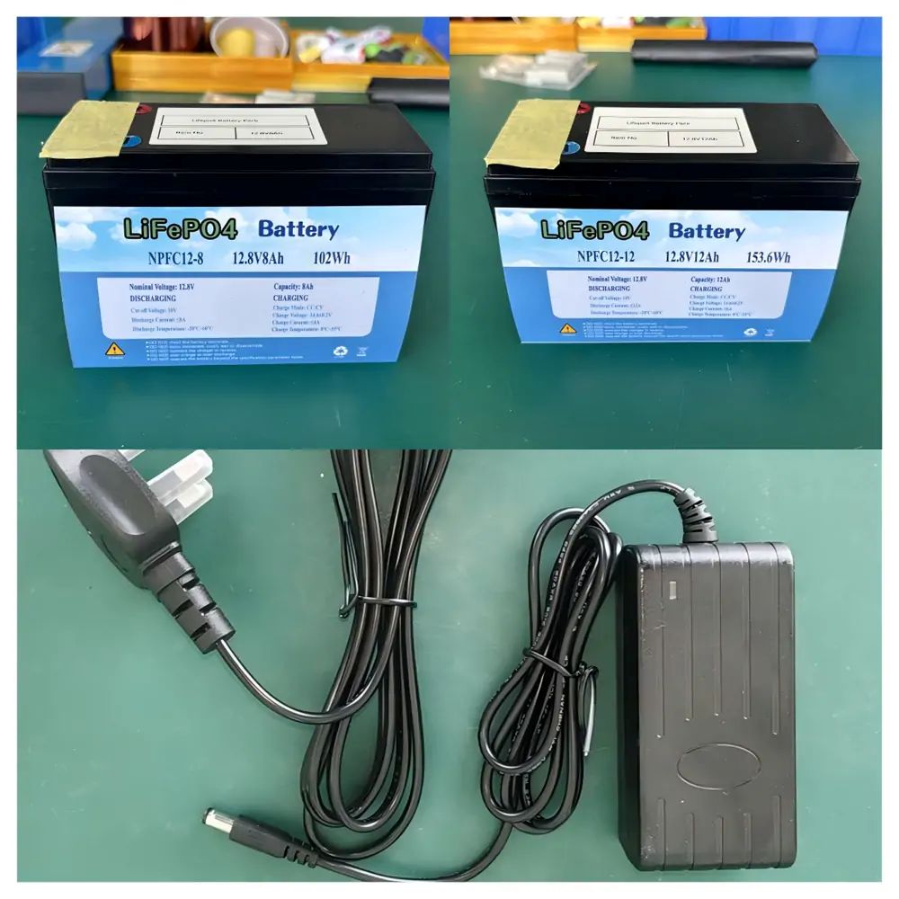 12.8V 8Ah LiFePO4 battery pack, 12.8V 12Ah LiFePO4 battery pack, and 14.6V 2A charger 12.8V 8Ah LiFePO4 battery pack, 12.8V 12Ah LiFePO4 battery pack, and 14.6V 2A charger