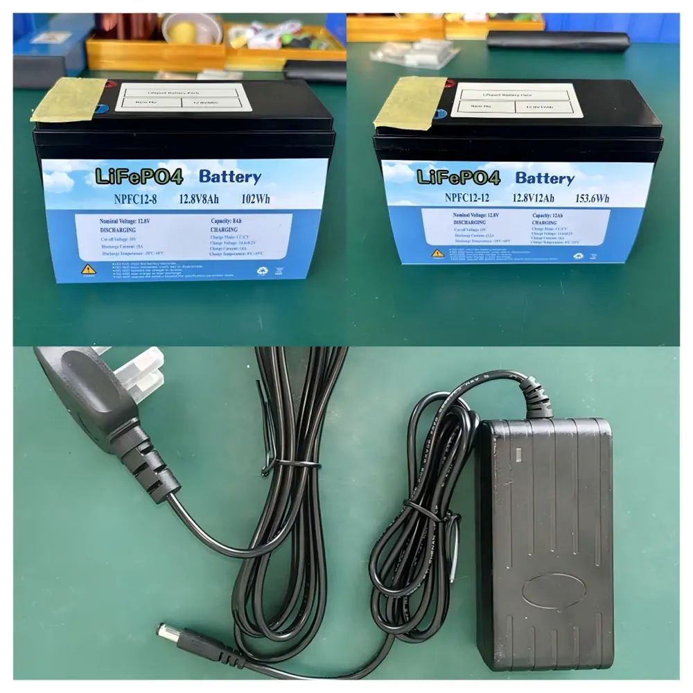 10 pcs 12.8V 8Ah LiFePO4 Battery Packs, 5 pcs 12.8V 12Ah LiFePO4 Battery Packs, and 5 pcs 14.6V 2A Ch
